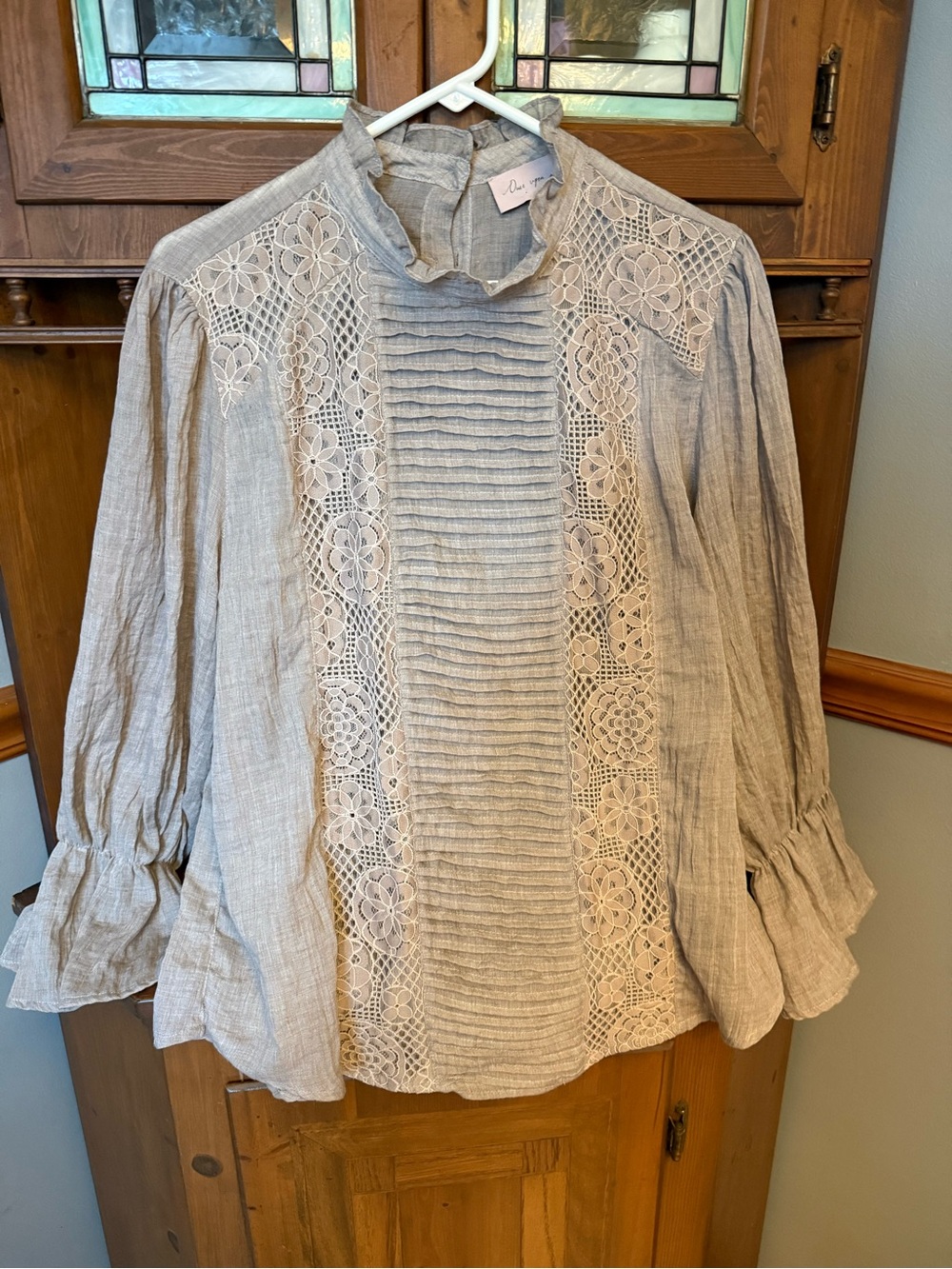 Sundance Once Upon a Dream Rayna Ruffle Lace Blouse Taupe Cream XL